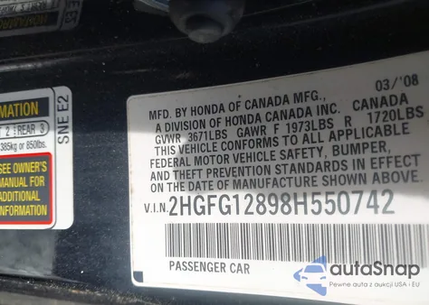 2008 Honda Civic Ex z USA, uszkodzony, nr VIN 2HGFG12898H550742